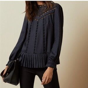 Ted Baker London Navy Puff Sleeve Blouse with Pleated Details